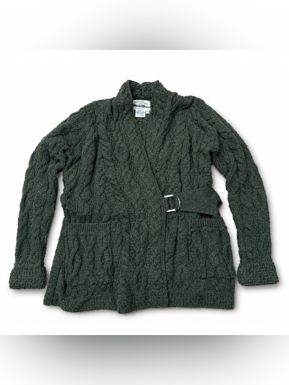ARAN CRAFTS ARMY GREEN MERINO WOOL WRAP FRONT WITH BELT CARDIGAN SWEATER SZ XS